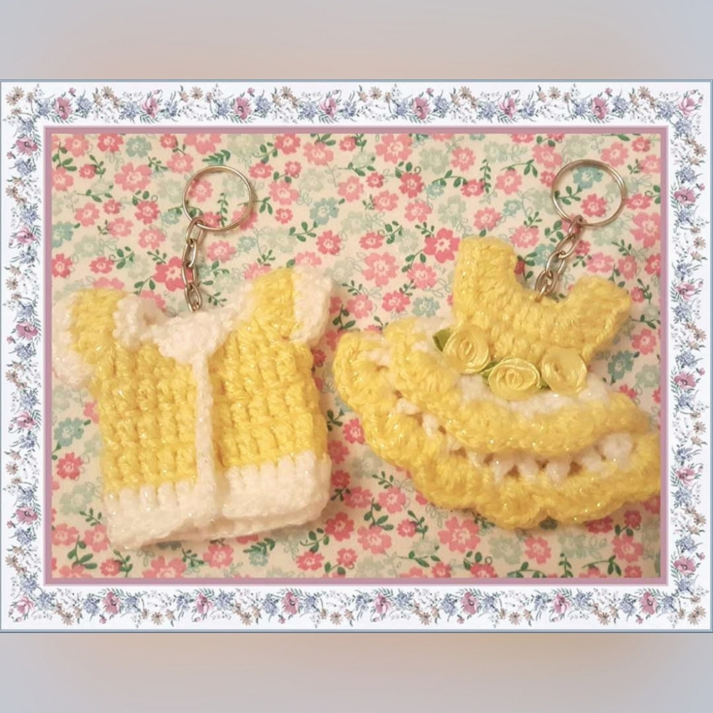 Set of 2 Cute Handmade knitted yellow floral rose dress & shirt Keychains.